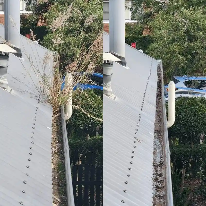 Before and after comparison of a residential gutter cleaning service in Sydney, showing heavily blocked gutters cleared of debris and leaves. 